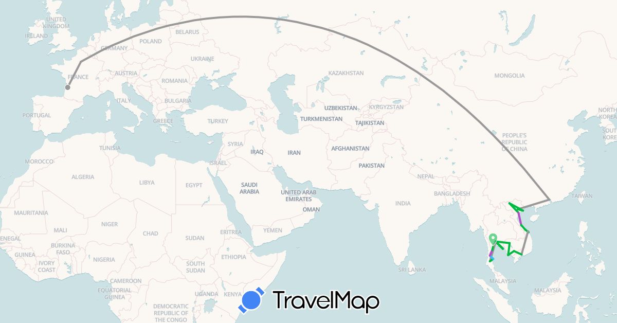 TravelMap itinerary: bus, plane, train, boat in China, France, Cambodia, Thailand, Vietnam (Asia, Europe)